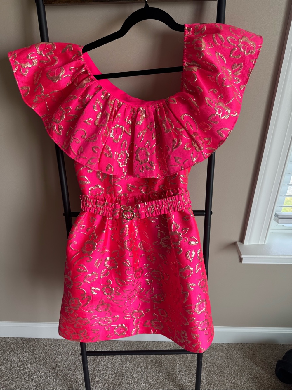 Lilly Pulitzer Hot Pink One-Shoulder Ruffle Dress with Gold Foil